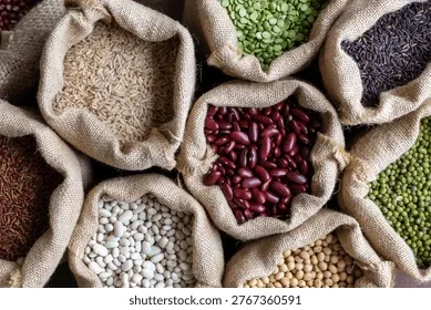 Sacks of rice, beans, lentils and grains